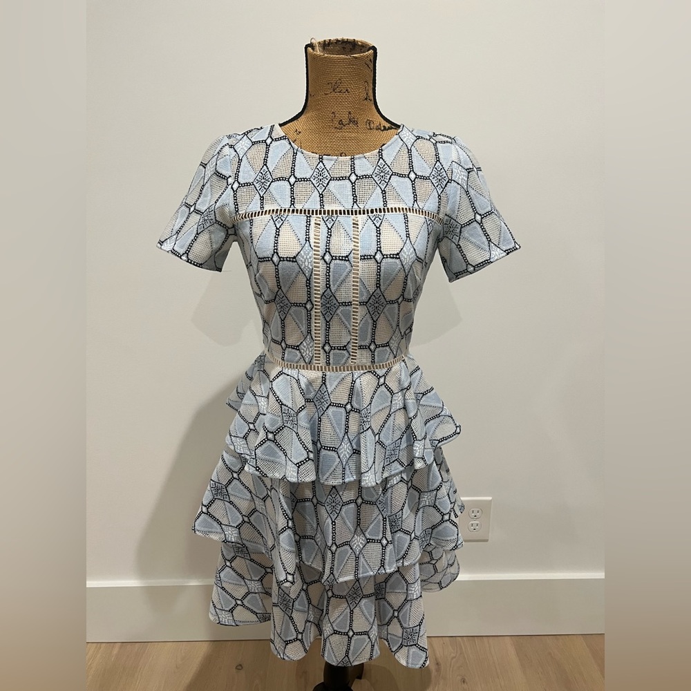 Gianni Bini Blue Tiered Ruffle Short Sleeve A-Line Mini Dress size 0